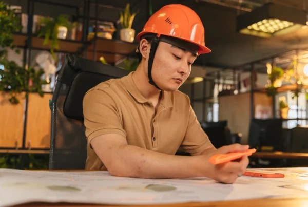 Kontraktor spesialis F&B mengecek gambar kerja proyek di dalam interior restoran